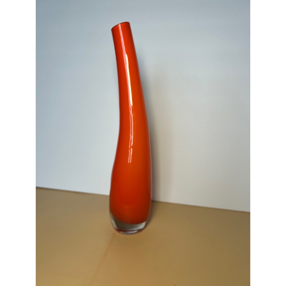 Vintage Orange Art Glass Bud Vase Tall Curved Mid Century Modern Style 12 Inch
